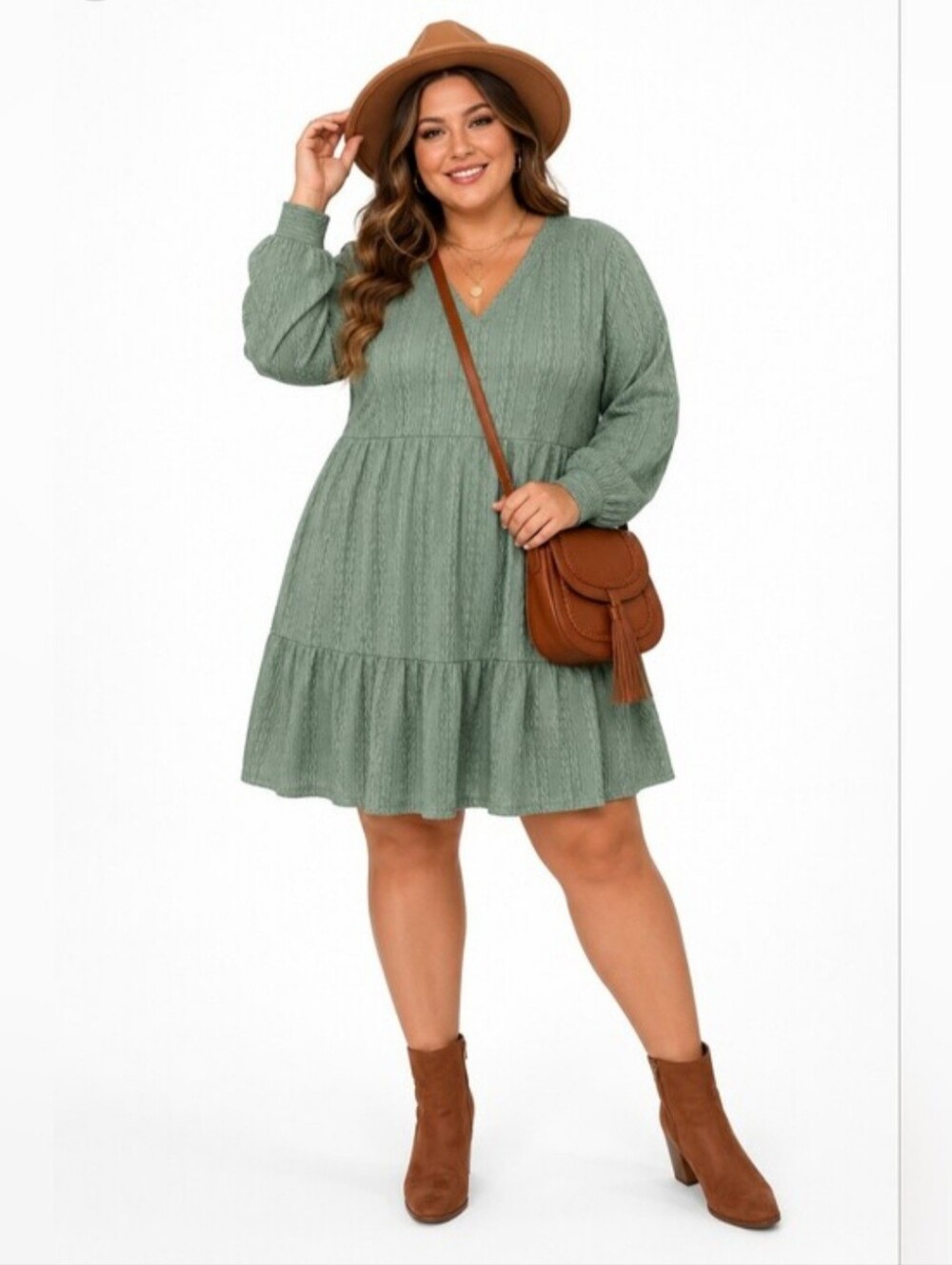 Dokotoo Green Textured Tiered Dress L Long Sleeve Boho Casual NWT